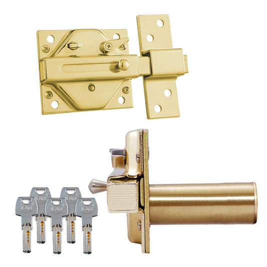 CERROJO, SEGURIDAD, SOBREPONER, MODELO CS88L M50, DE ACERO CON ACABADO LATONADO, CILINDRO DE 50 mm