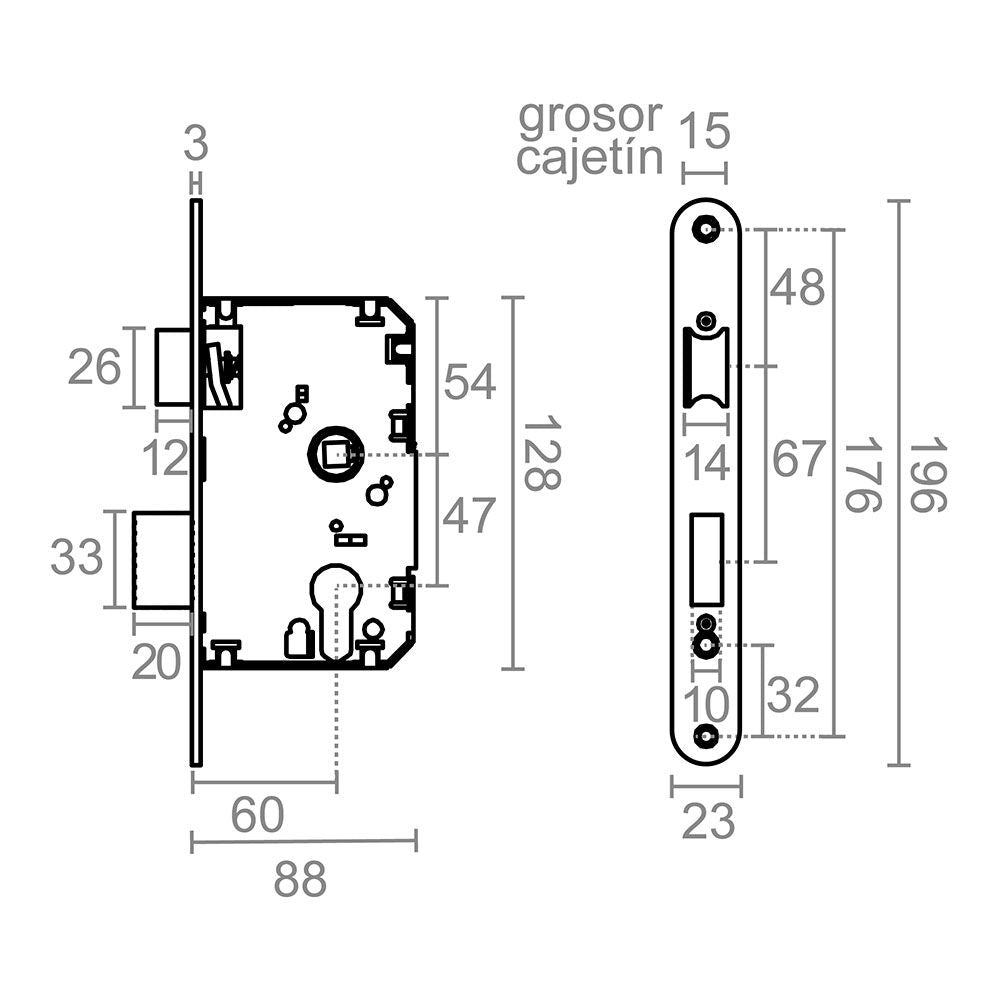 CERRADURA, EMBUTIR, CON CANTO REDONDO, MODELO CRE03, DE ACERO CON ACABADO LATONADO, 60/47 mm