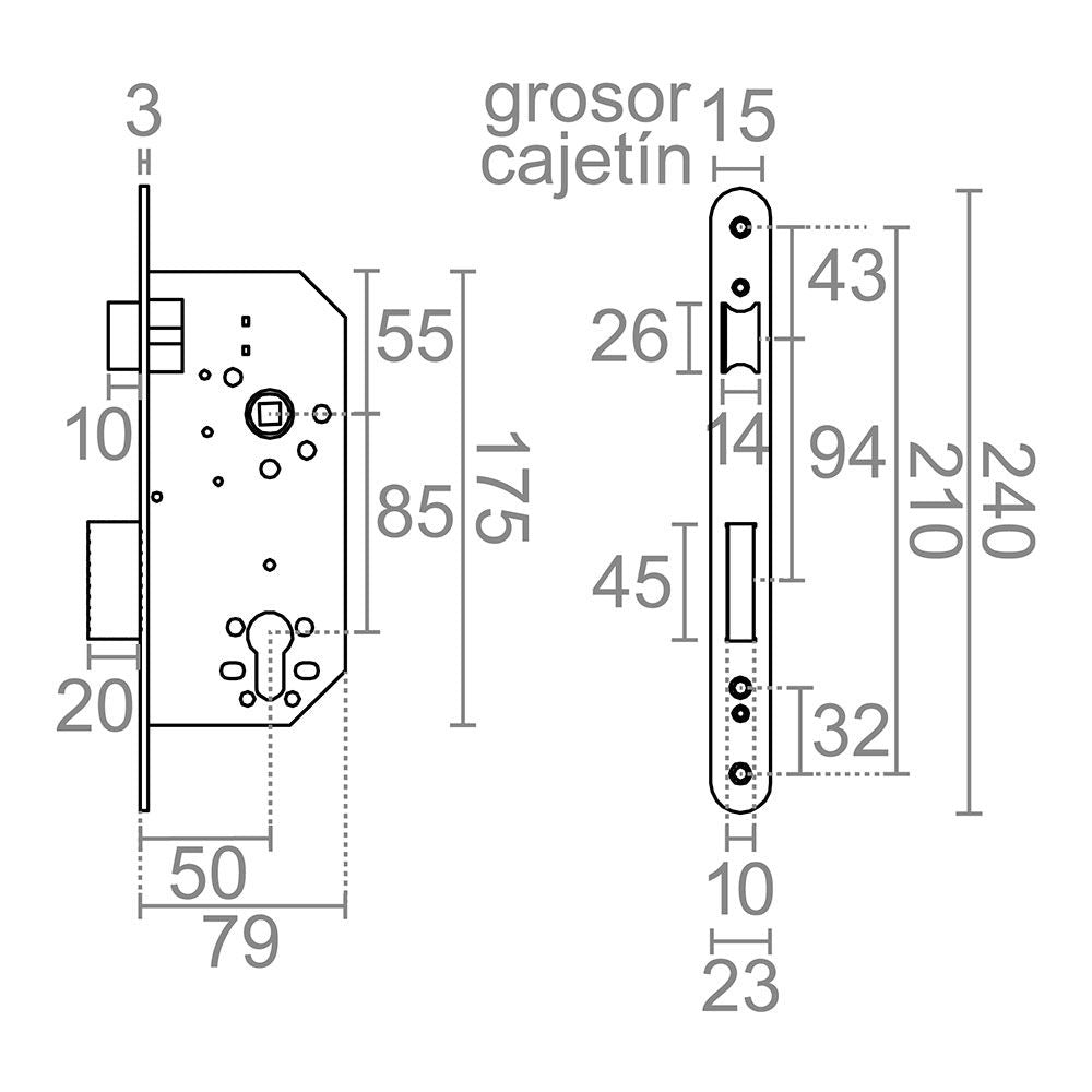 CERRADURA, EMBUTIR, CON CANTO REDONDO, MODELO CRE06, DE ACERO CON ACABADO LATONADO, 50/85 mm