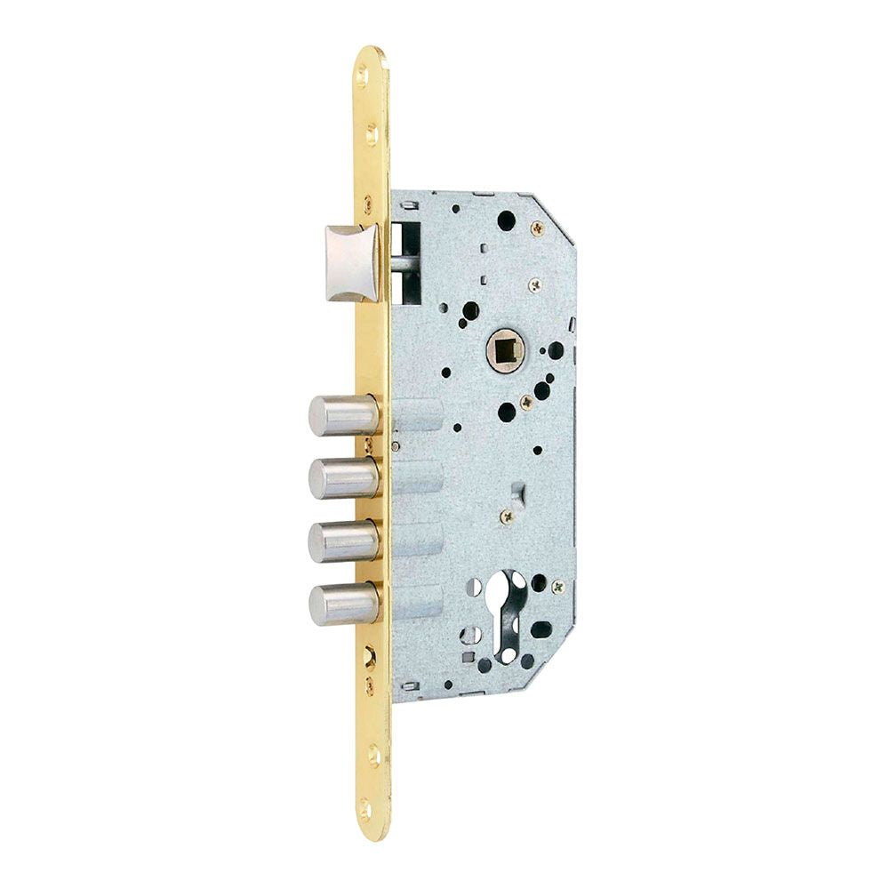 CERRADURA, EMBUTIR, CON CANTO REDONDO, MODELO CRE07, DE ACERO CON ACABADO LATONADO, 50/85 mm