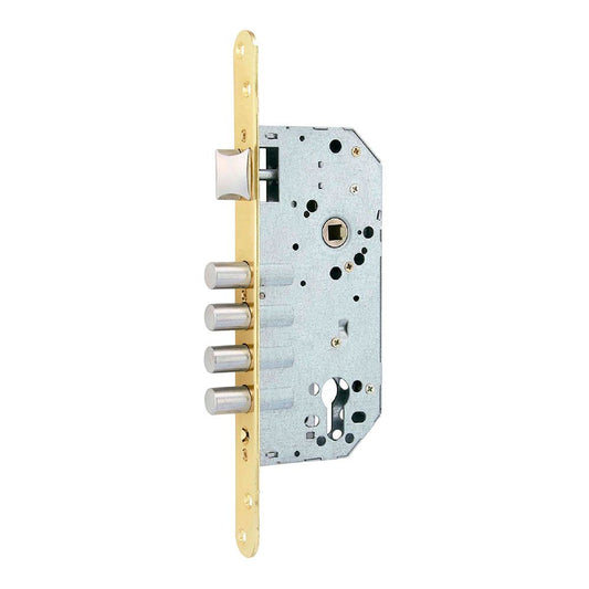 CERRADURA, EMBUTIR, CON CANTO REDONDO, MODELO CRE07, DE ACERO CON ACABADO LATONADO, 50/85 mm