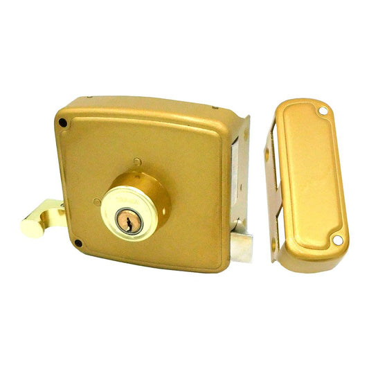 CERRADURA, SOBREPONER, MODELO CRS02, DE ACERO CON ACABADO ORO, 50 x 100 mm, MANO IZQUIERDA