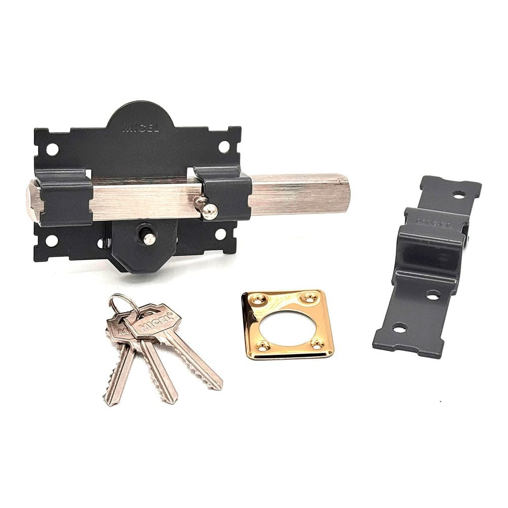 CERROJO, SEGURIDAD, SOBREPONER, MODELO CRR06, DE ACERO CON ACABADO GRIS, 105B/50 mm, CON 3 LLAVES AMAESTRADAS