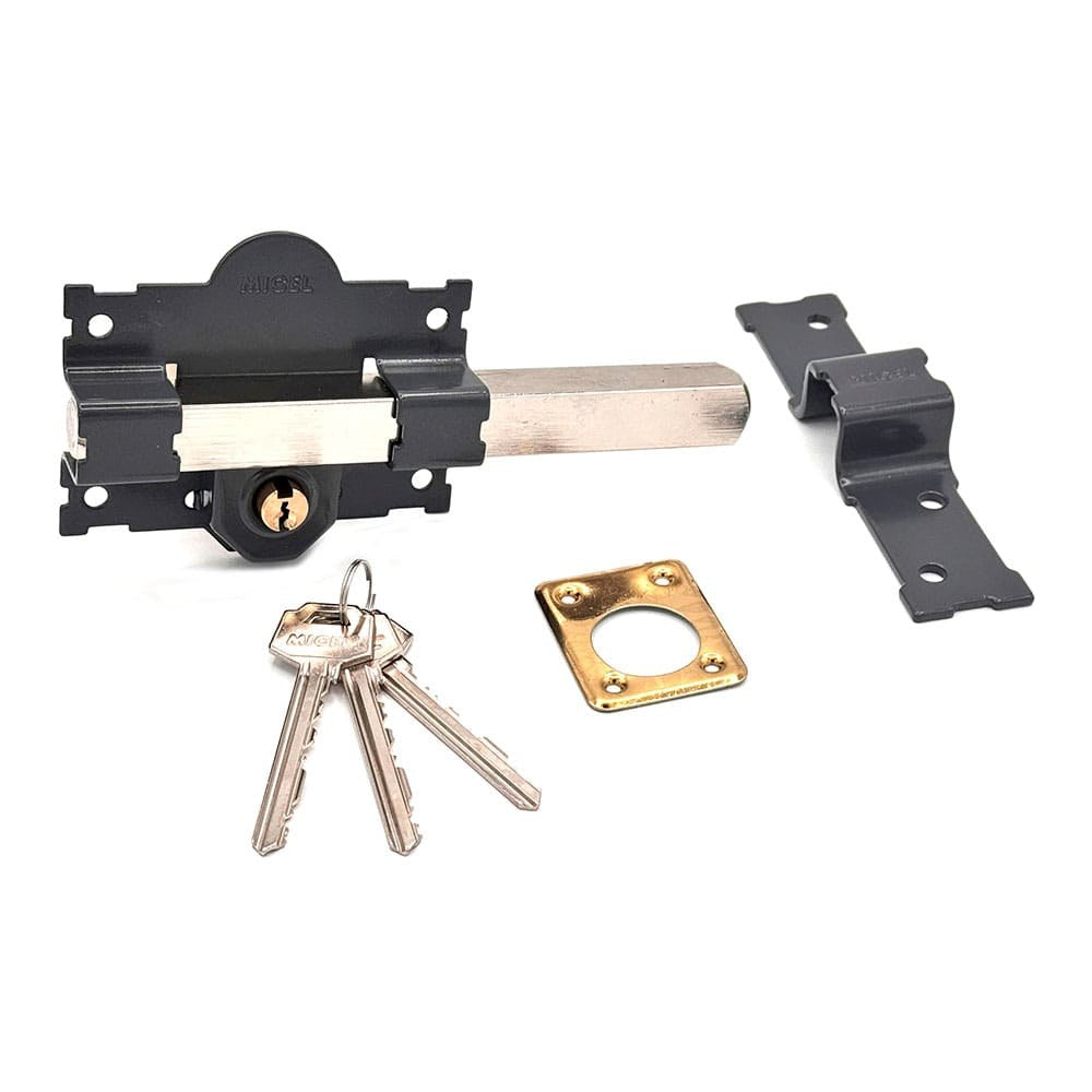 CERROJO, SEGURIDAD, SOBREPONER, MODELO CRR07, DE ACERO CON ACABADO GRIS, 105L/70 mm, CON 3 LLAVES SERRATA