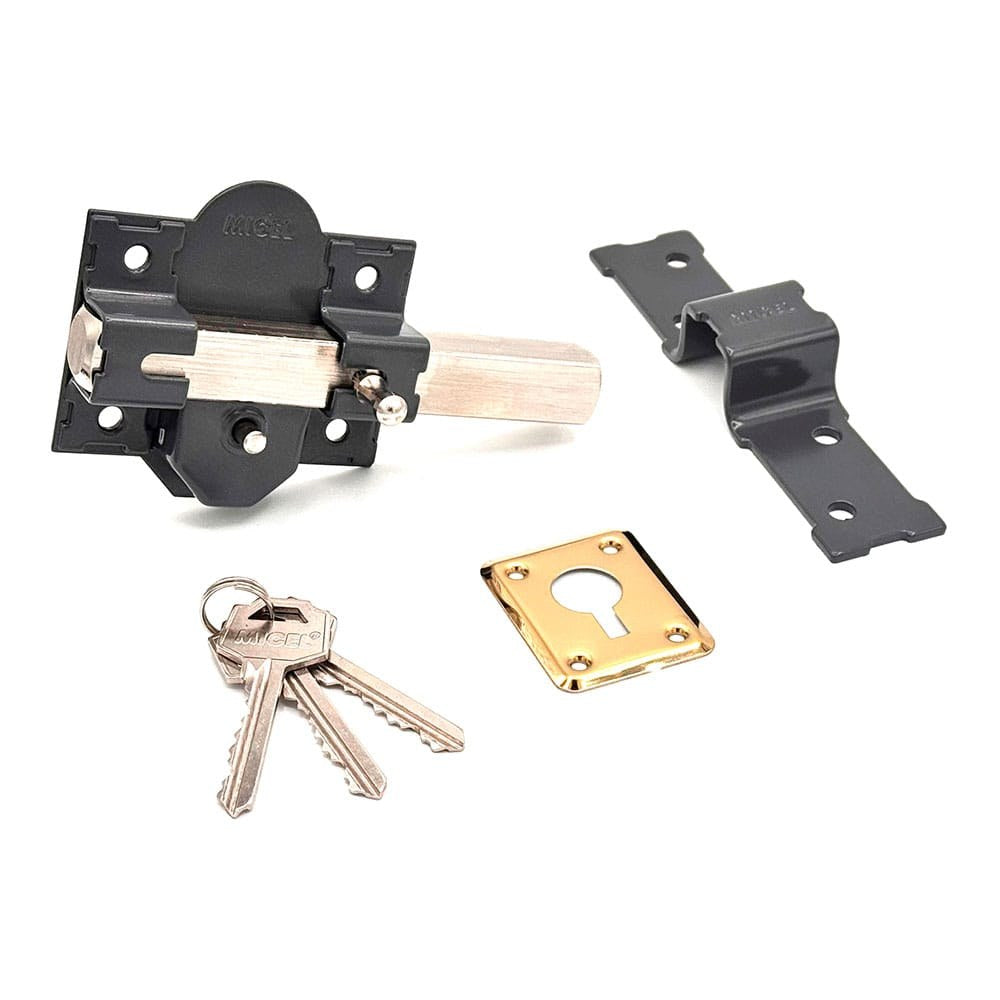 CERROJO, SEGURIDAD, SOBREPONER, MODELO CRR08, DE ACERO CON ACABADO GRIS, 86B/50 mm , CON 3 LLAVES AMAESTRADAS