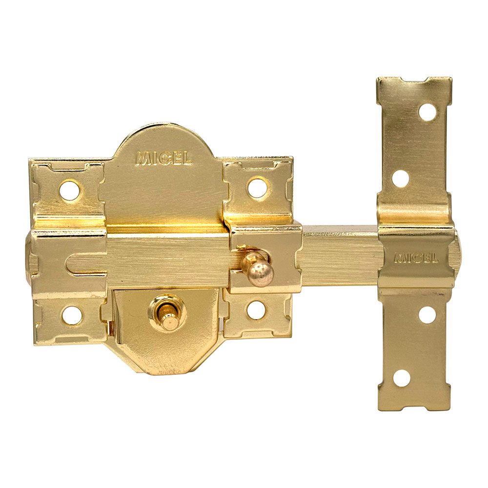 CERROJO, SEGURIDAD, SOBREPONER, MODELO CRR10, DE ACERO CON ACABADO LATÓN SATINADO, 86B/50 mm, CON 5 LLAVES Y CADENILLA