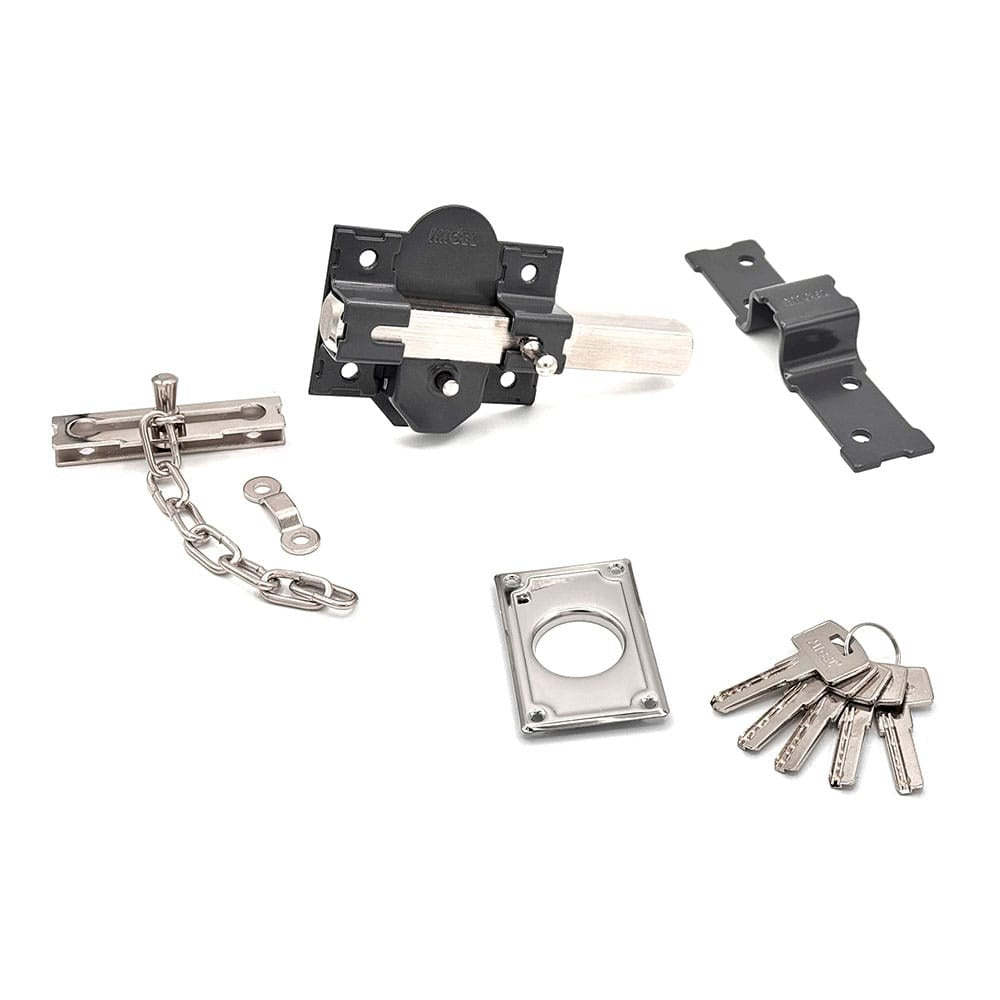 CERROJO, SEGURIDAD, SOBREPONER, MODELO CRR10, DE ACERO CON ACABADO GRIS, 86B/50 mm, CON 5 LLAVES Y CADENILLA
