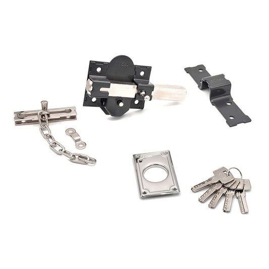CERROJO, SEGURIDAD, SOBREPONER, MODELO CRR10, DE ACERO CON ACABADO GRIS, 86B/50 mm, CON 5 LLAVES Y CADENILLA
