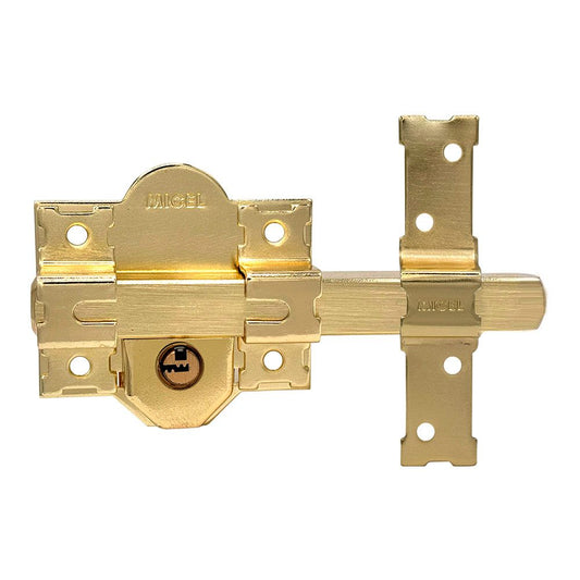 CERROJO, SEGURIDAD, SOBREPONER, MODELO CRR11, DE ACERO CON ACABADO LATÓN SATINADO, 86L/50 mm, CON 5 LLAVES Y CADENILLA