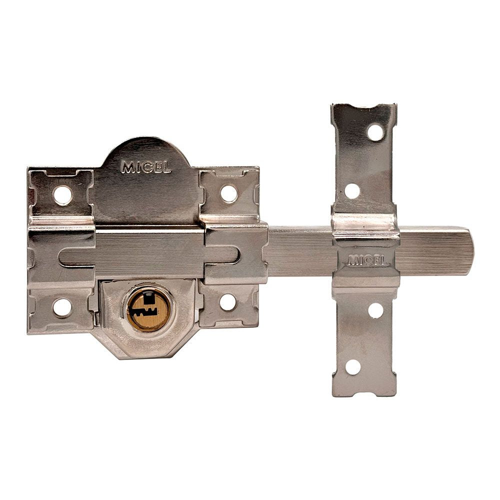 CERROJO, SEGURIDAD, SOBREPONER, MODELO CRR11, DE ACERO CON ACABADO NÍQUEL, 86L/50 mm, CON 5 LLAVES Y CADENILLA