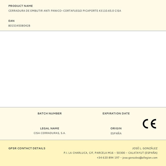 CERRADURA, DE EMBUTIR, CORTAFUEGO, PICAPORTE ANTIPÁNICO 43110.65.0, LLAVE Y MANILLA 9 mm