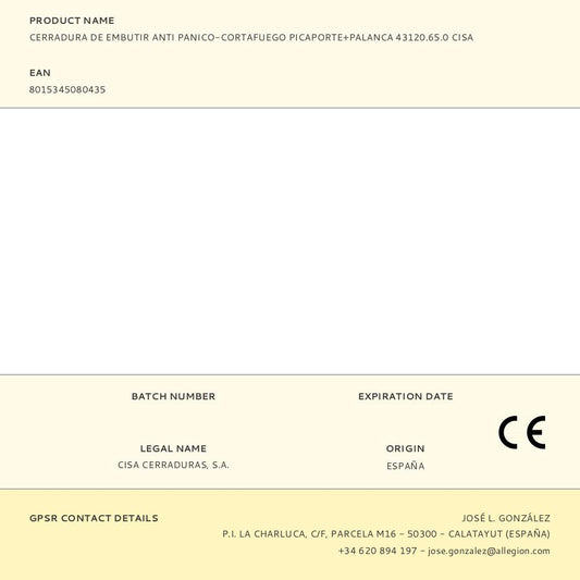 CERRADURA, DE EMBUTIR, CORTAFUEGO, PICAPORTE ANTIPÁNICO Y PALANCA 43120.65.0, LLAVE Y MANILLA 9 mm