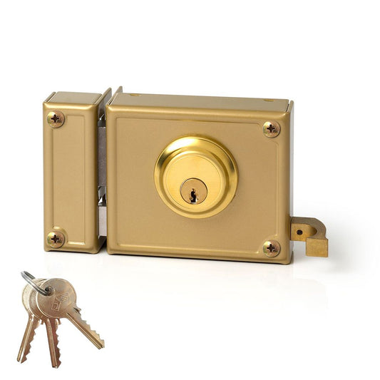 CERRADURA, SOBREPONER, MODELO 12-10I, GOLPE Y LLAVE, CAJA 100 mm, CILINDRO 52 mm, MANO IZQUIERDA