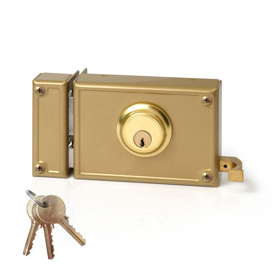 CERRADURA, SOBREPONER, MODELO 12-12I, GOLPE Y LLAVE, CAJA 120 mm, CILINDRO 52 mm, MANO IZQUIERDA