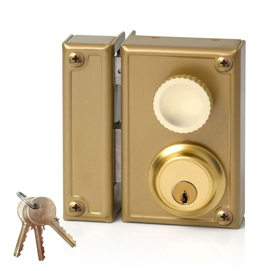 CERRADURA, SOBREPONER, MODELO 34-7I, GOLPE Y LLAVE, CON POMO, CAJA 70 mm, CILINDRO 52 mm, MANO IZQUIERDA