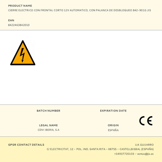 CIERRE ELECTRICO CON FRONTAL CORTO 12V AUTOMATICO, CON PALANCA DE DESBLOQUEO 842-901G JIS