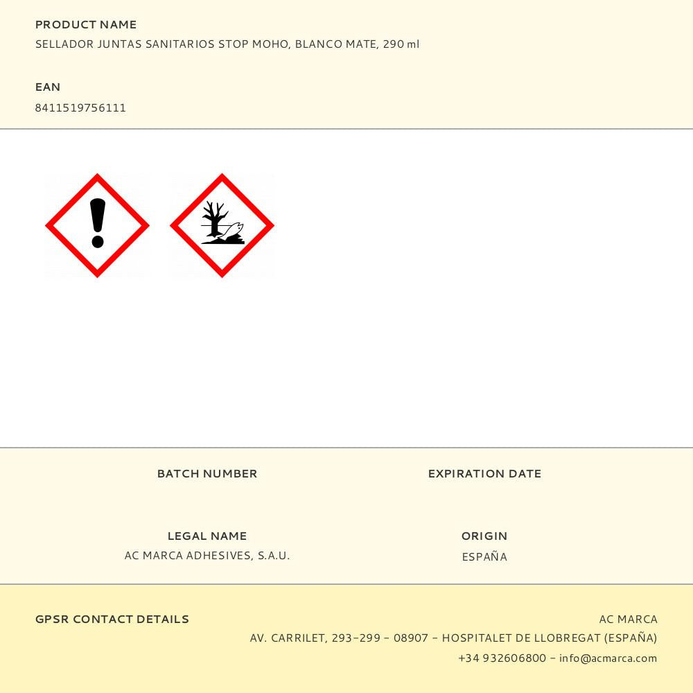SELLADOR JUNTAS SANITARIOS STOP MOHO, BLANCO MATE, 290 ml