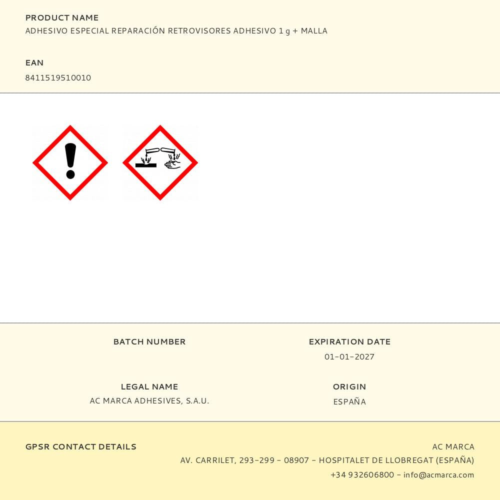 ADHESIVO ESPECIAL REPARACIÓN RETROVISORES ADHESIVO 1 g + MALLA