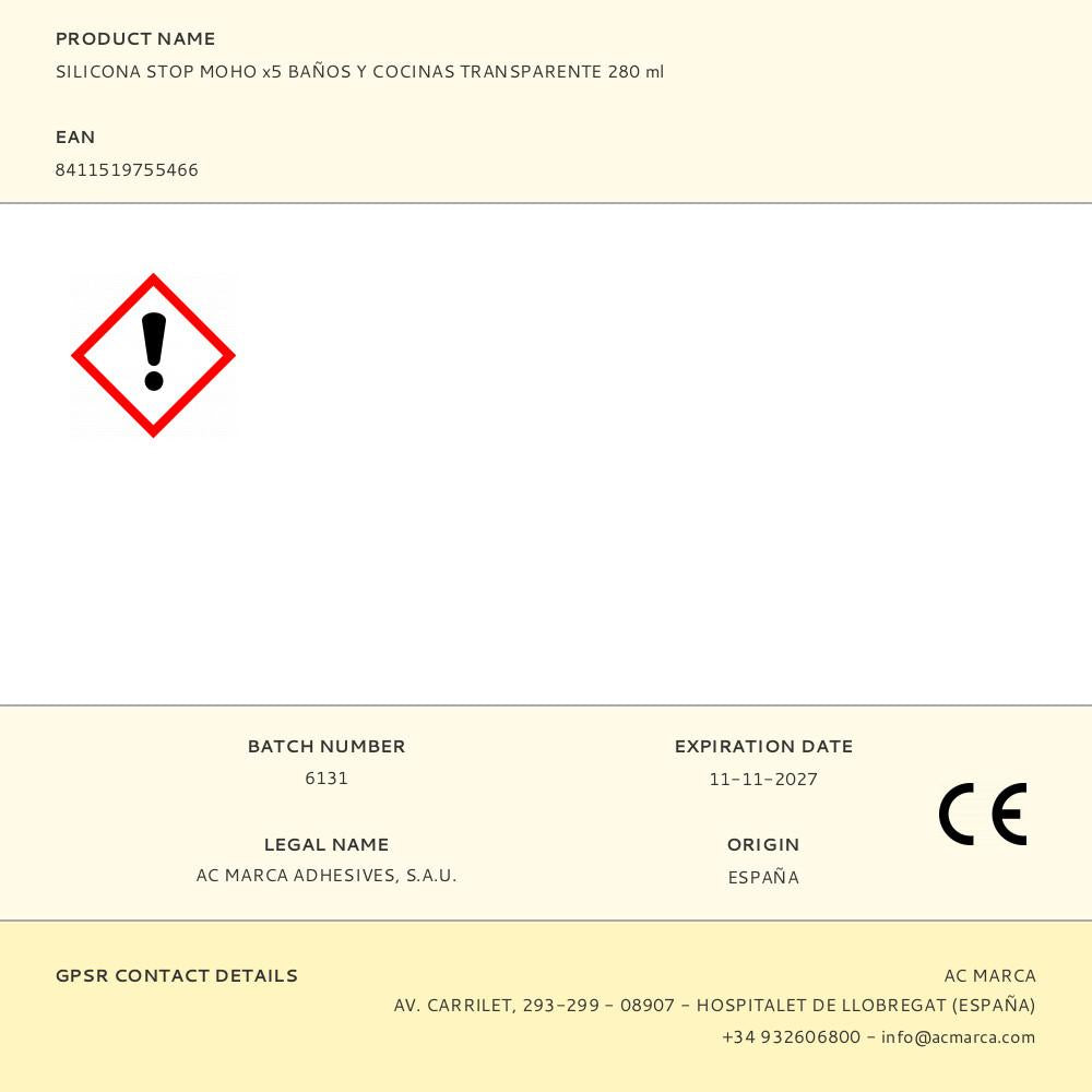 SILICONA STOP MOHO x5 BAÑOS Y COCINAS TRANSPARENTE 280 ml