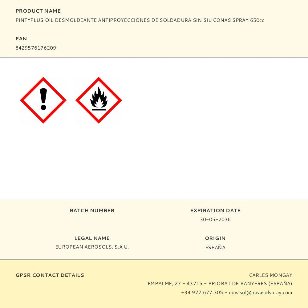 PINTYPLUS OIL DESMOLDEANTE ANTIPROYECCIONES DE SOLDADURA SIN SILICONAS SPRAY 650cc