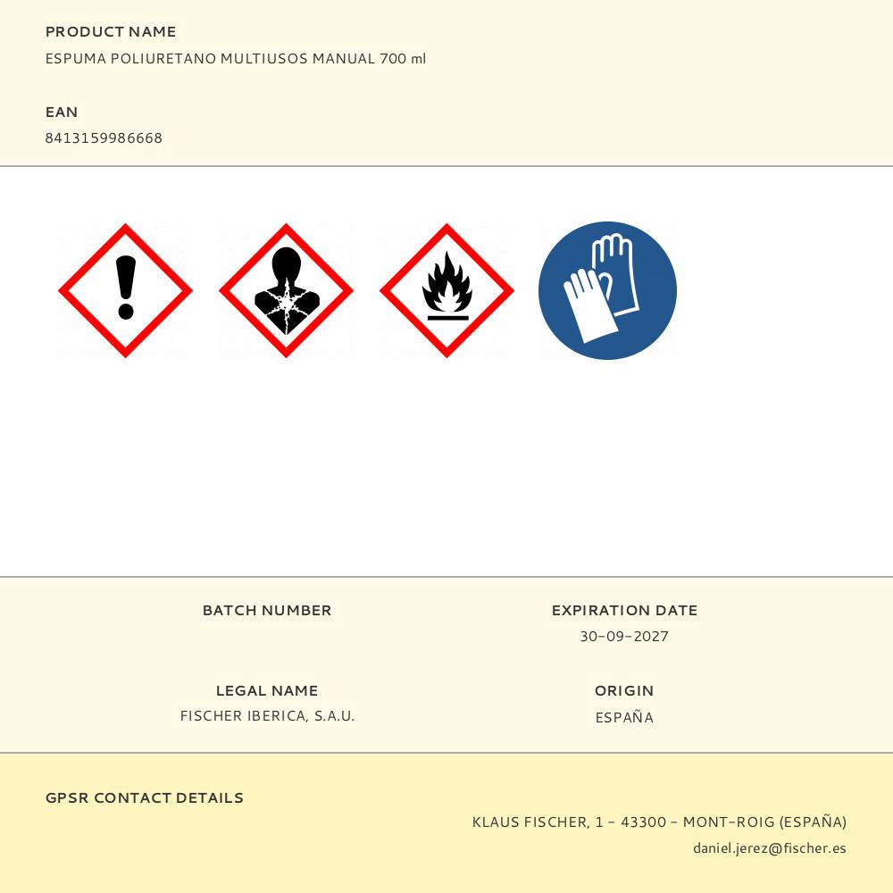 ESPUMA POLIURETANO MULTIUSOS MANUAL 700 ml