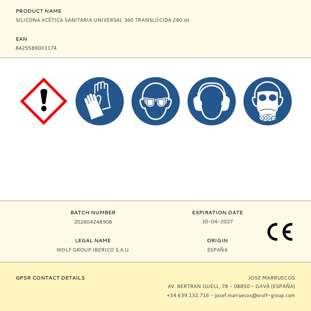 SILICONA ACÉTICA SANITARIA UNIVERSAL 360 TRANSLÚCIDA 280 ml