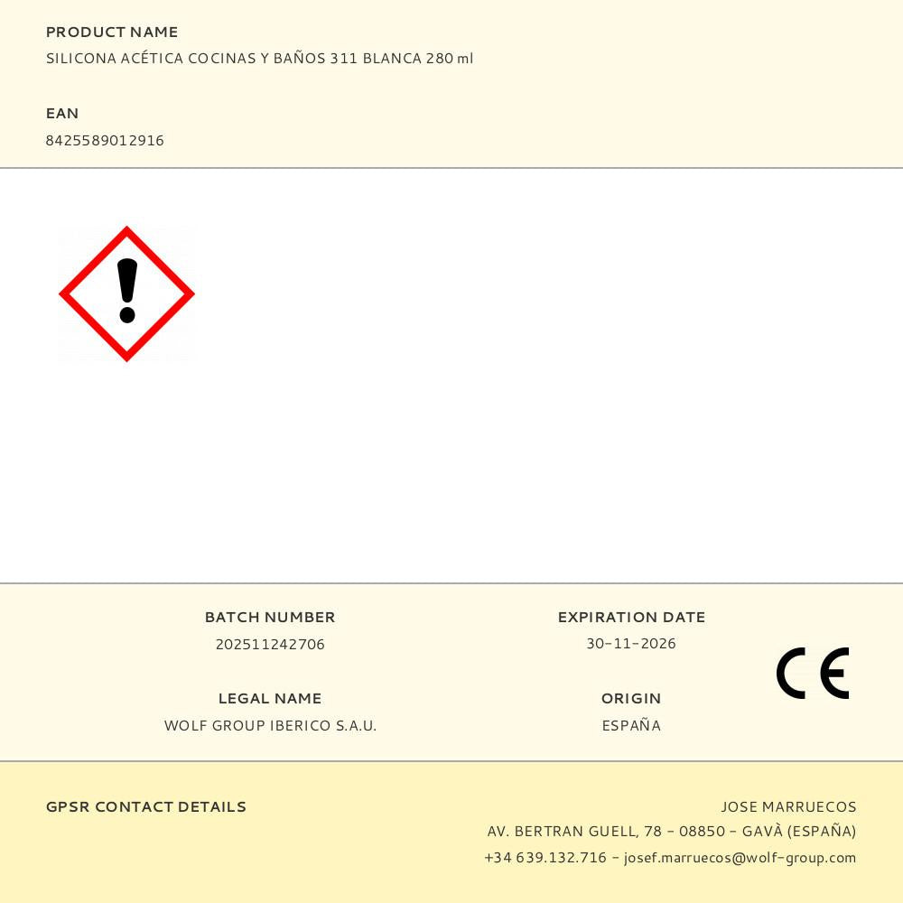 SILICONA ACÉTICA COCINAS Y BAÑOS 311 BLANCA 280 ml
