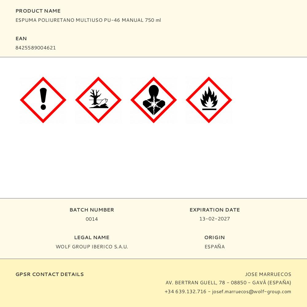 ESPUMA POLIURETANO MULTIUSO PU-46 MANUAL 750 ml